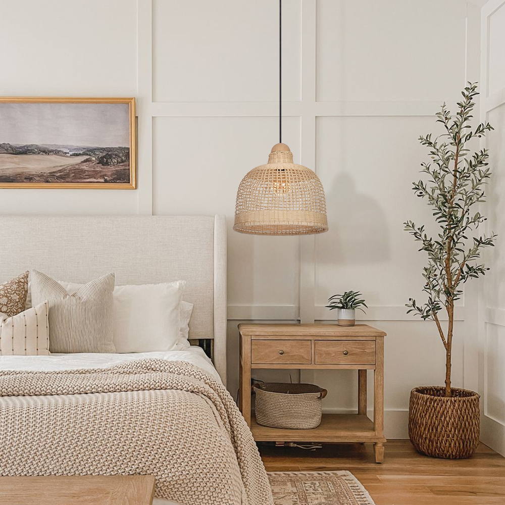 Japanese Style Grid Hand-woven Rattan Dining Table Pendant Light