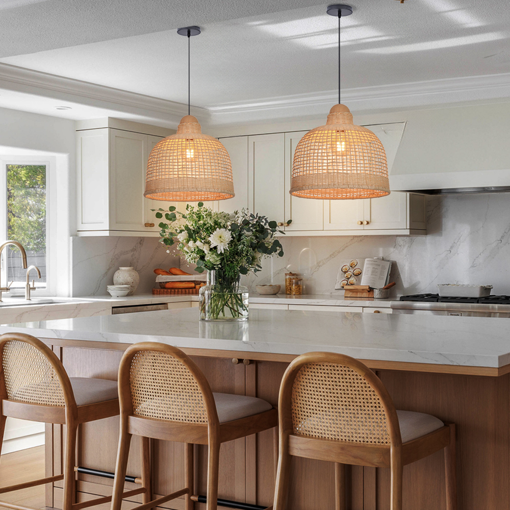 Japanese Style Grid Hand-woven Rattan Dining Table Pendant Light