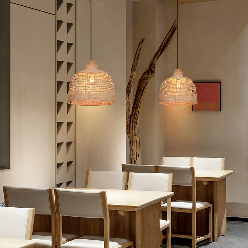 Japanese Style Grid Hand-woven Rattan Dining Table Pendant Light