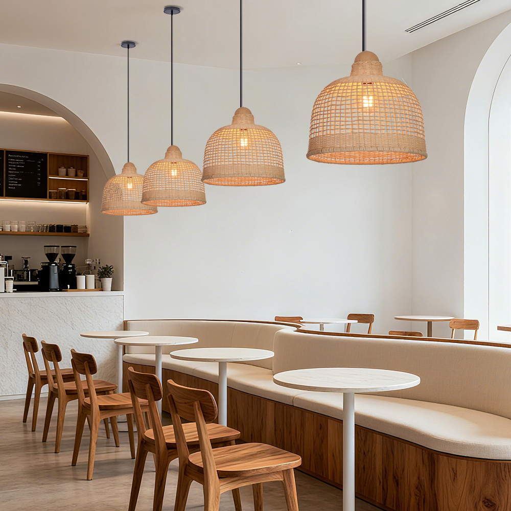 Japanese Style Grid Hand-woven Rattan Dining Table Pendant Light