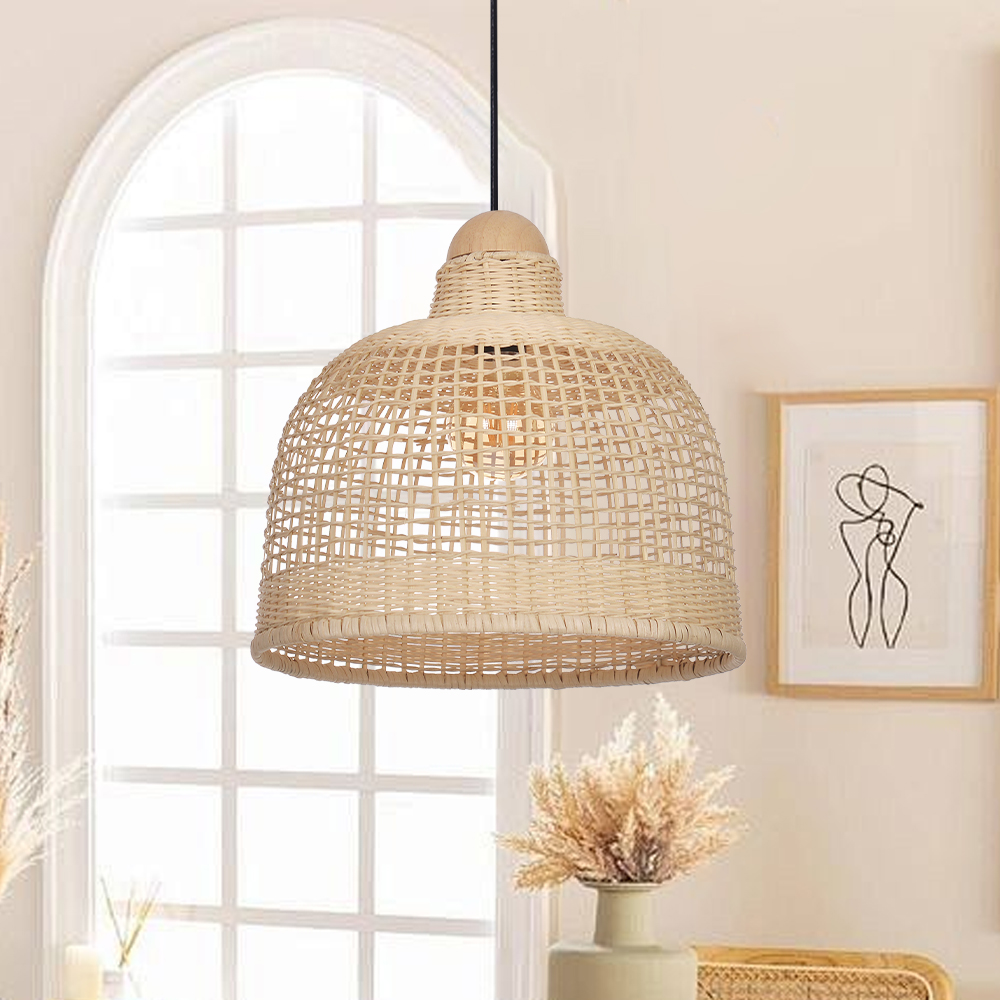 Japanese Style Grid Hand-woven Rattan Dining Table Pendant Light