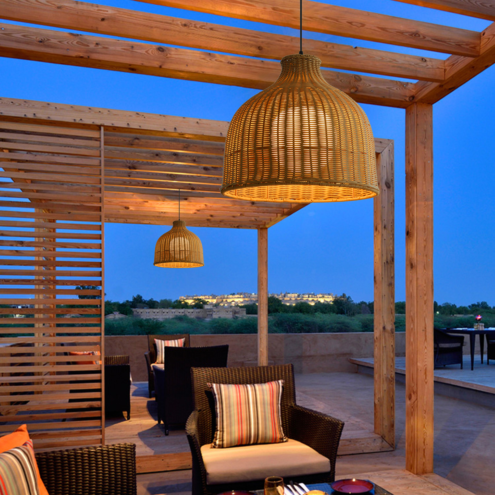 Japanese Style Outdoor Waterproof Rattan Pendant Light Garden Terrace Chandelier