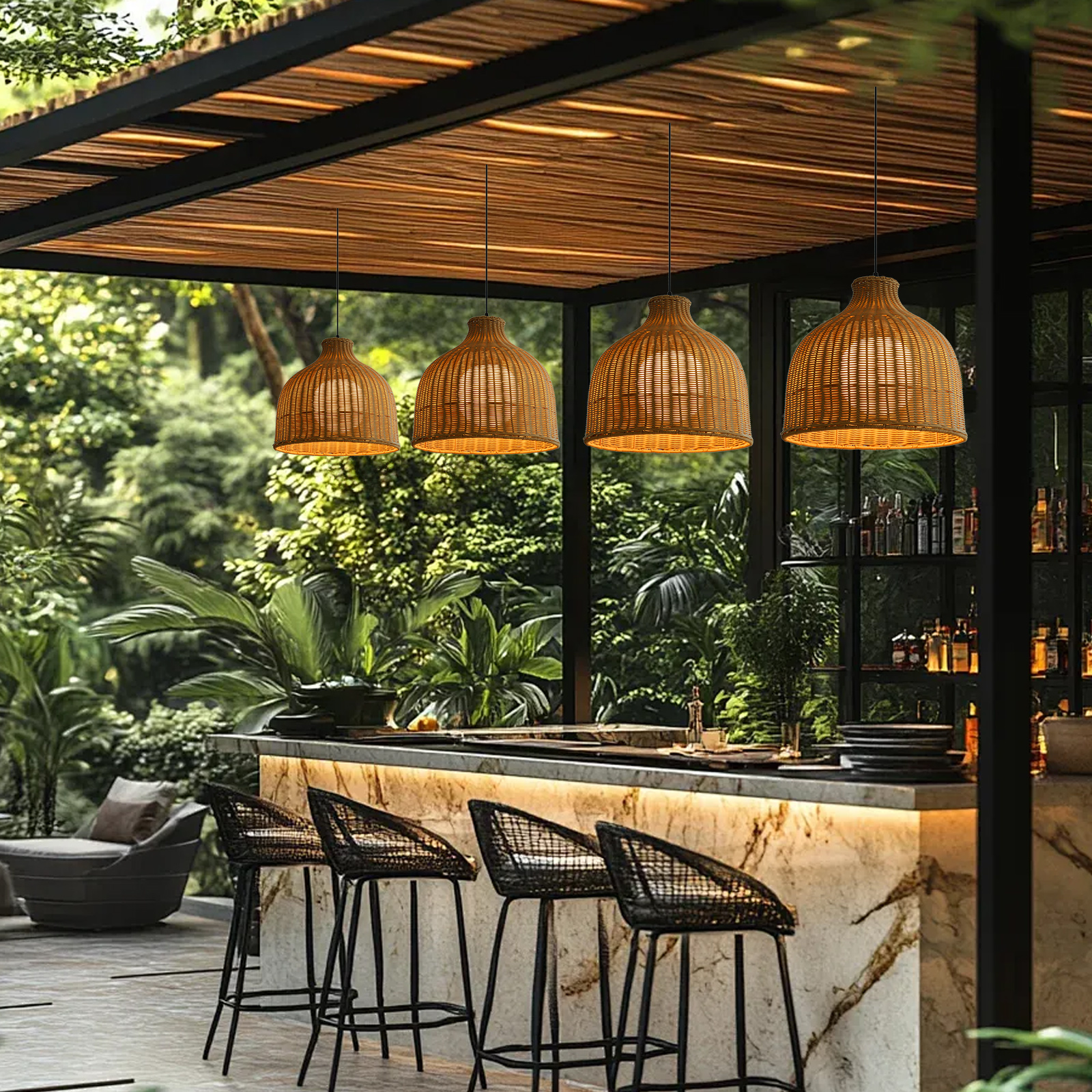 Japanese Style Outdoor Waterproof Rattan Pendant Light Garden Terrace Chandelier