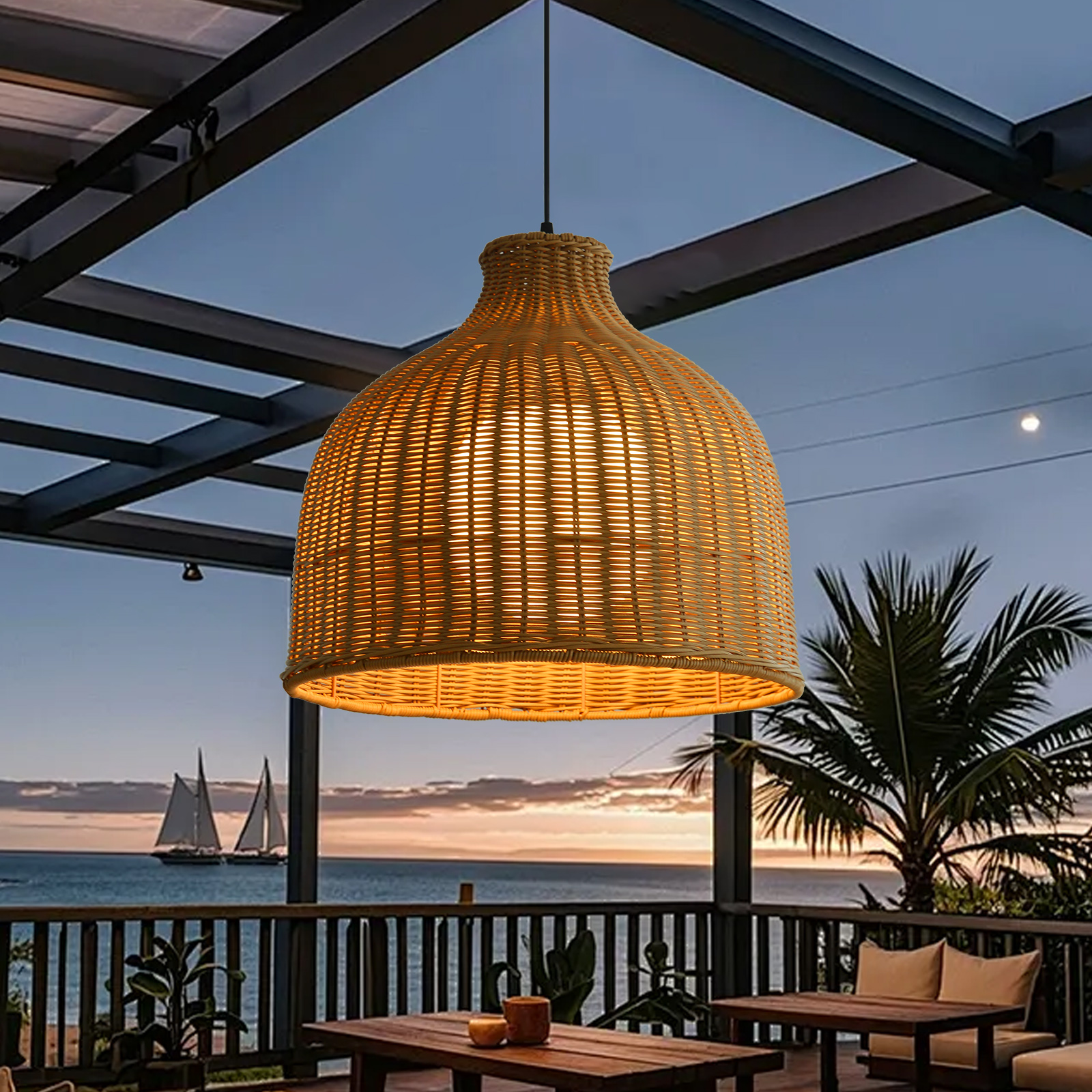 Japanese Style Outdoor Waterproof Rattan Pendant Light Garden Terrace Chandelier