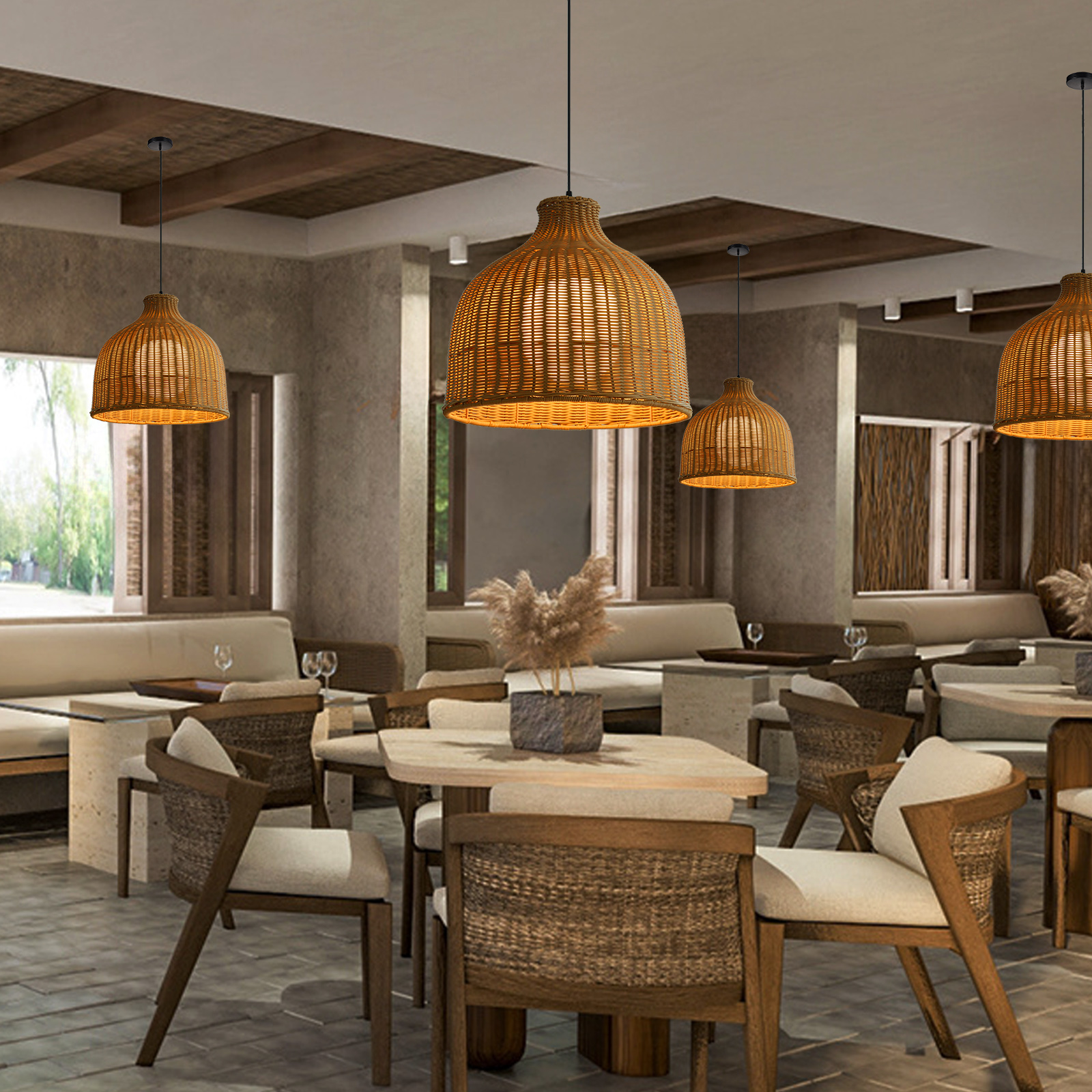 Japanese Style Outdoor Waterproof Rattan Pendant Light Garden Terrace Chandelier