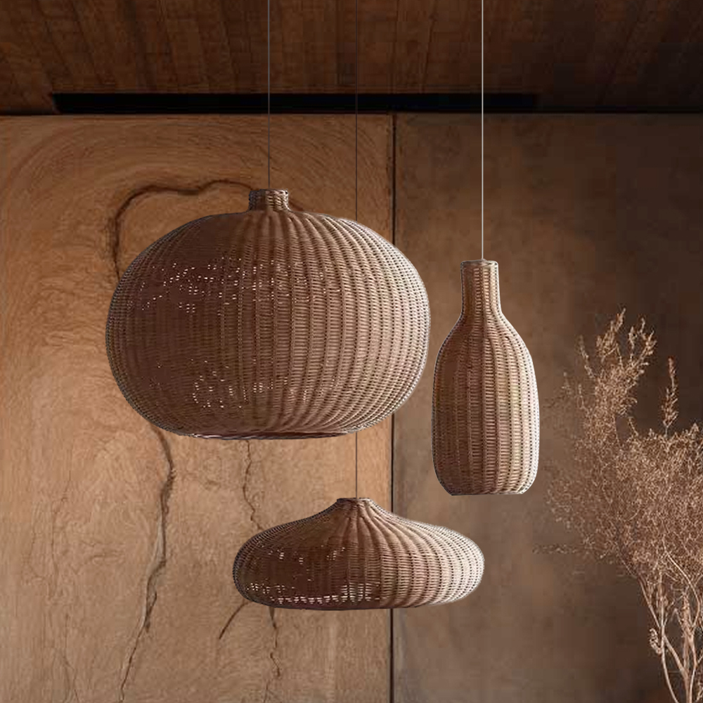 3-Head Chandelier Japanese Rattan Multi-combination Dining Room Pendant Light