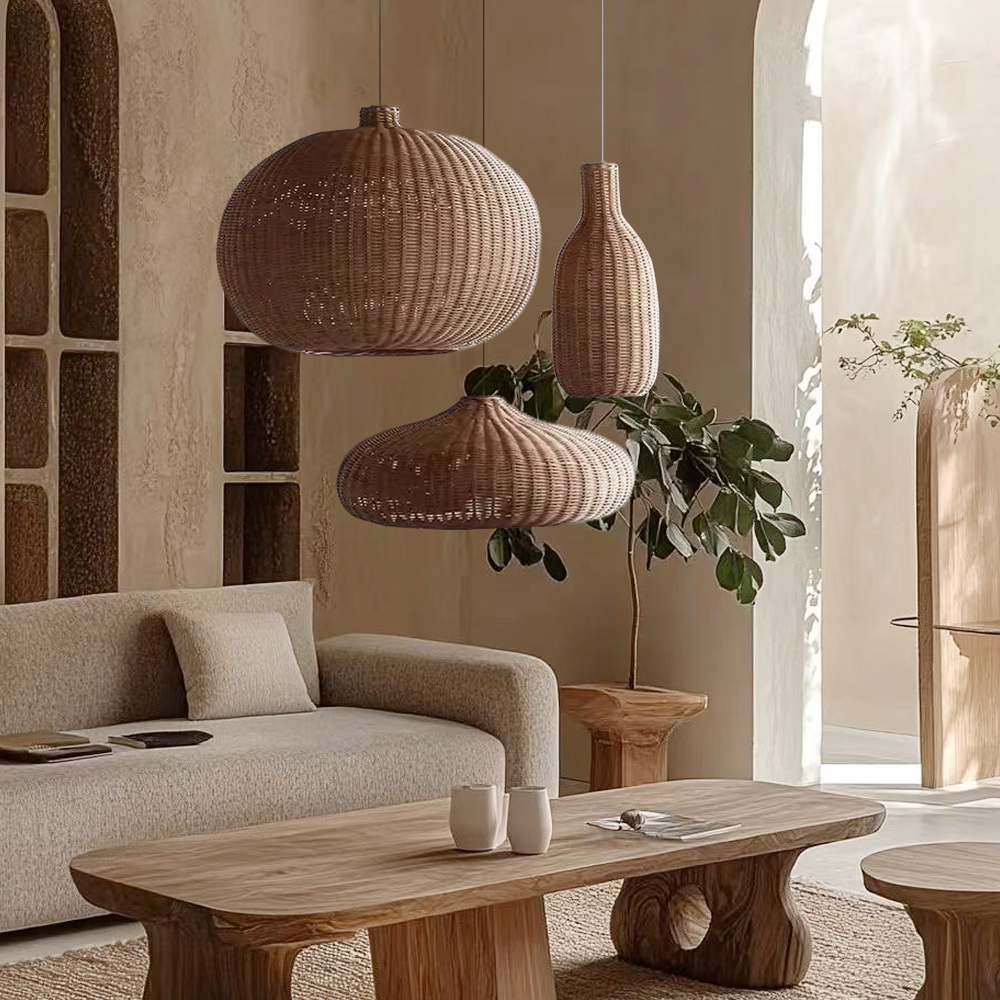 3-Head Chandelier Japanese Rattan Multi-combination Dining Room Pendant Light