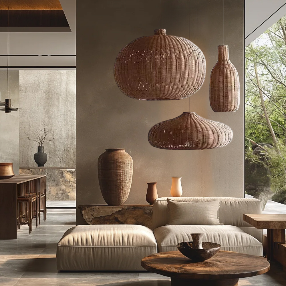 3-Head Chandelier Japanese Rattan Multi-combination Dining Room Pendant Light