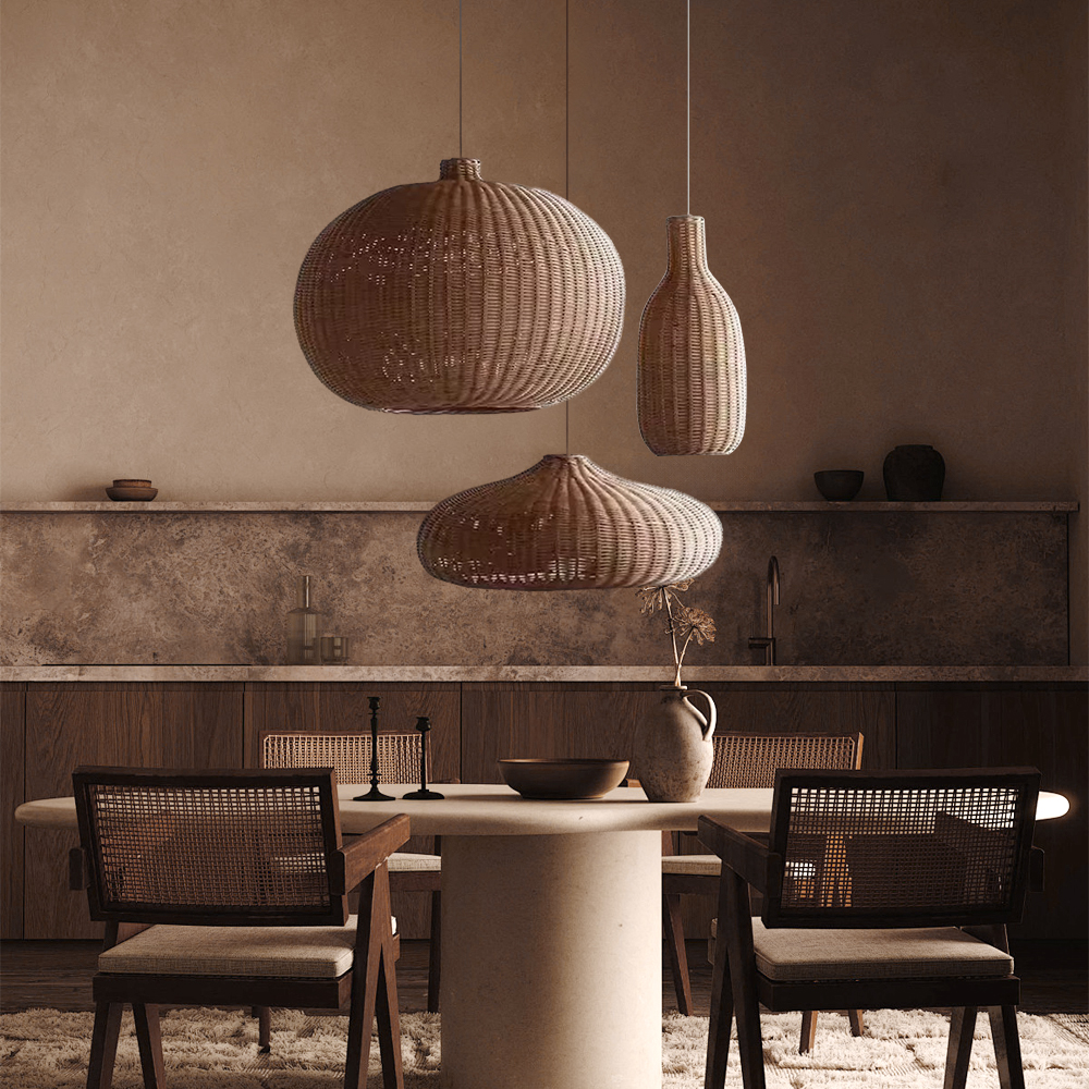 3-Head Chandelier Japanese Rattan Multi-combination Dining Room Pendant Light