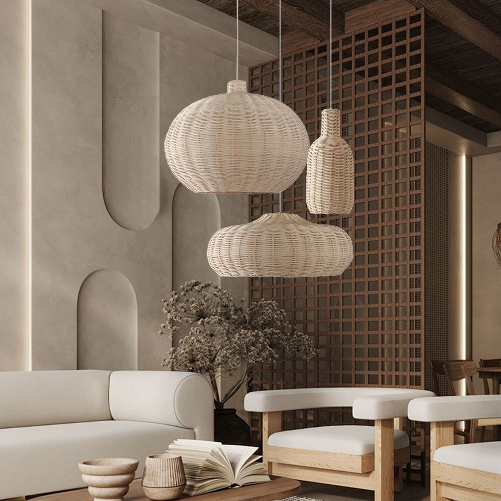 3-Head Chandelier Japanese Rattan Multi-combination Dining Room Pendant Light