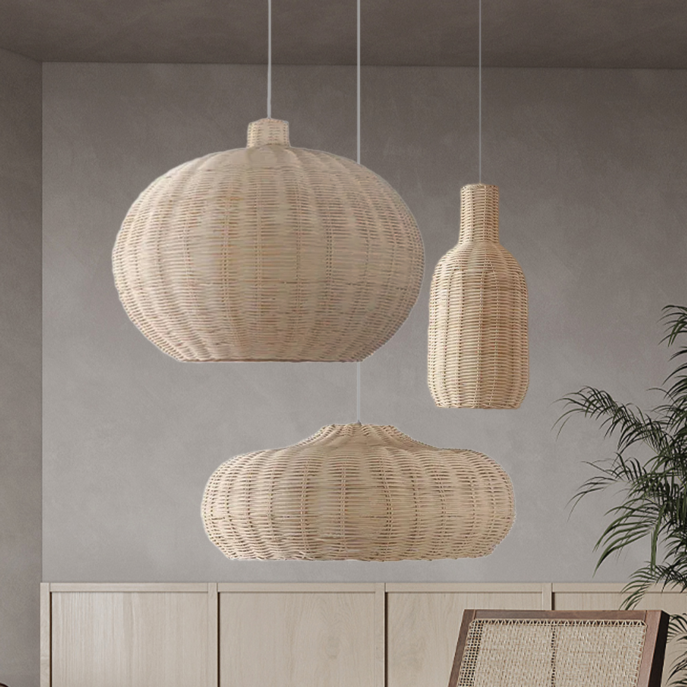 3-Head Chandelier Japanese Rattan Multi-combination Dining Room Pendant Light