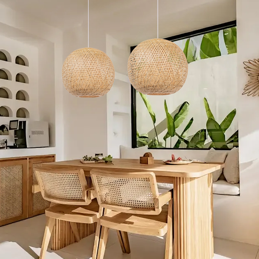 Japanese-style Handwoven Bamboo Spherical Pendant Lampshade for Dining Room
