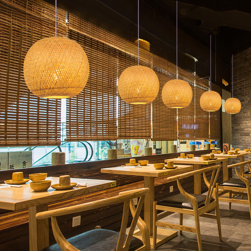 Japanese-style Handwoven Bamboo Spherical Pendant Lampshade for Dining Room