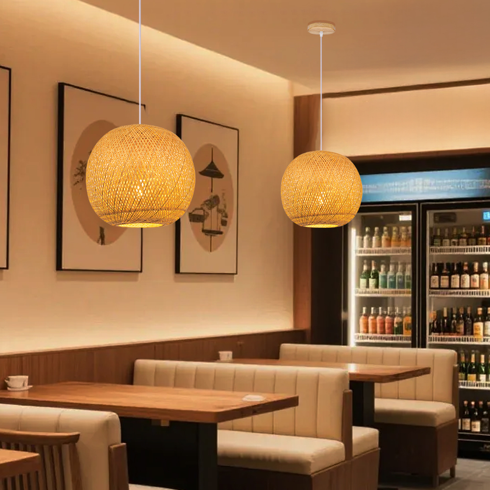 Japanese-style Handwoven Bamboo Spherical Pendant Lampshade for Dining Room