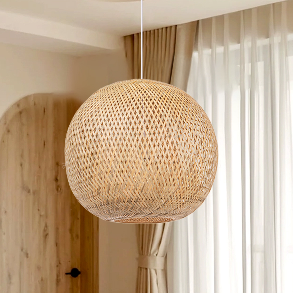 Japanese-style Handwoven Bamboo Spherical Pendant Lampshade for Dining Room