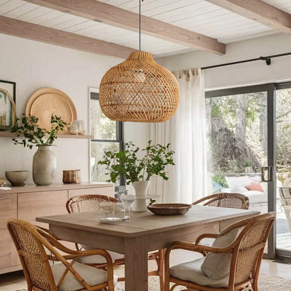 Light Brown Japanese Style Hand-wove Rattan Chandelier Lantern Shape Dining Room Pendant Light