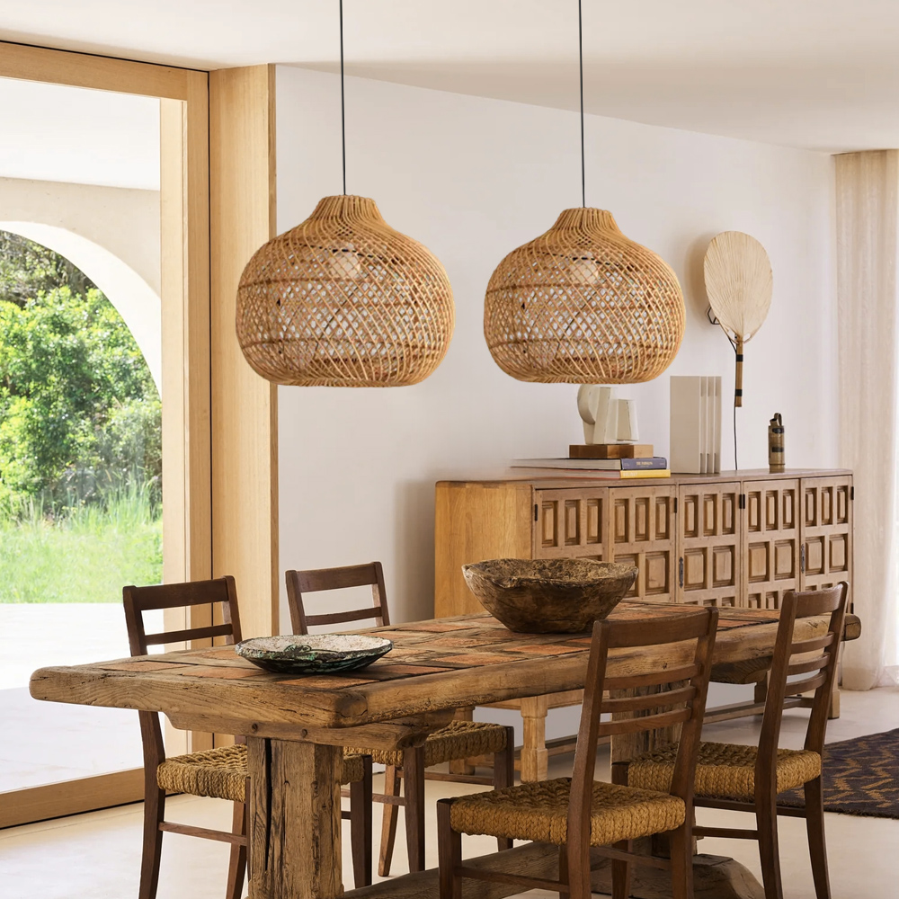 Light Brown Japanese Style Hand-wove Rattan Chandelier Lantern Shape Dining Room Pendant Light