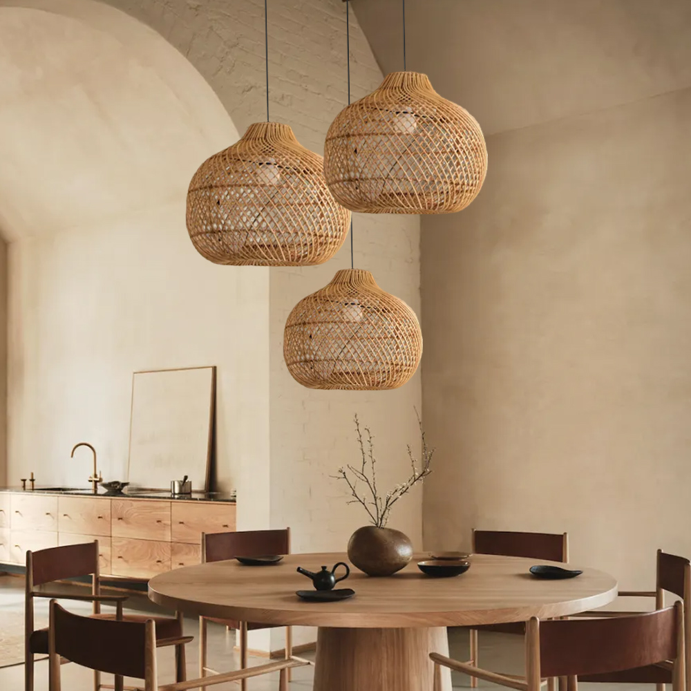 Light Brown Japanese Style Hand-wove Rattan Chandelier Lantern Shape Dining Room Pendant Light