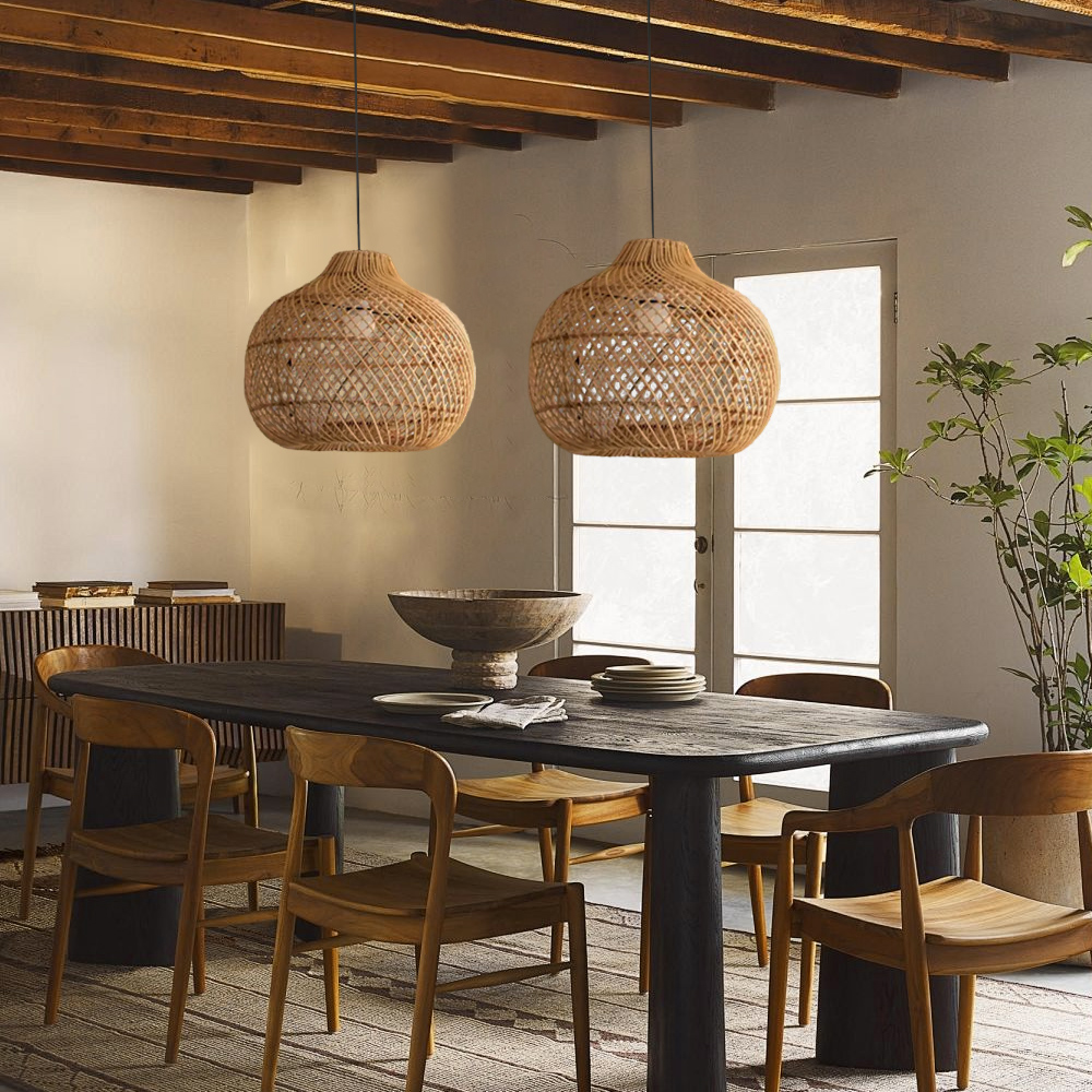 Light Brown Japanese Style Hand-wove Rattan Chandelier Lantern Shape Dining Room Pendant Light