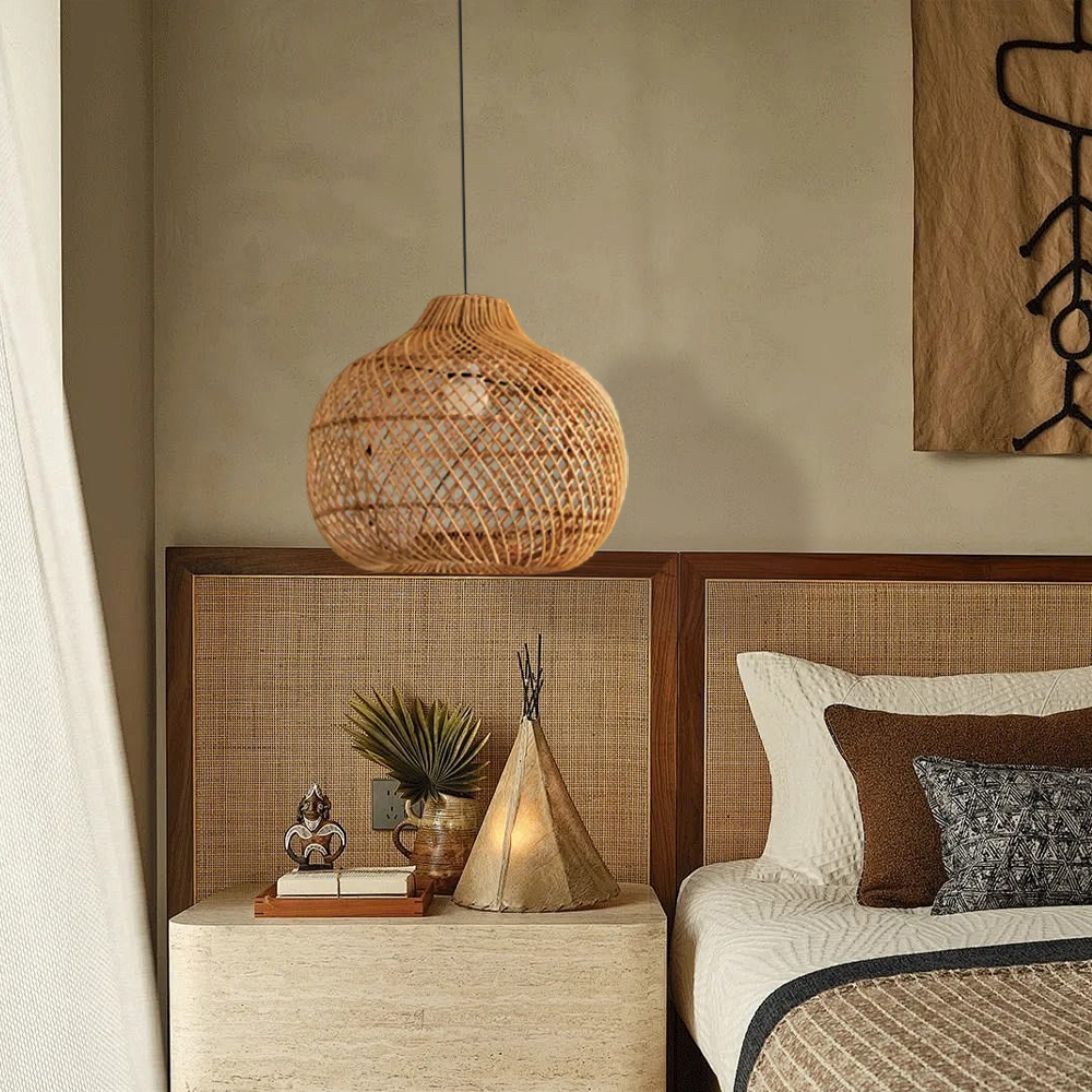Light Brown Japanese Style Hand-wove Rattan Chandelier Lantern Shape Dining Room Pendant Light