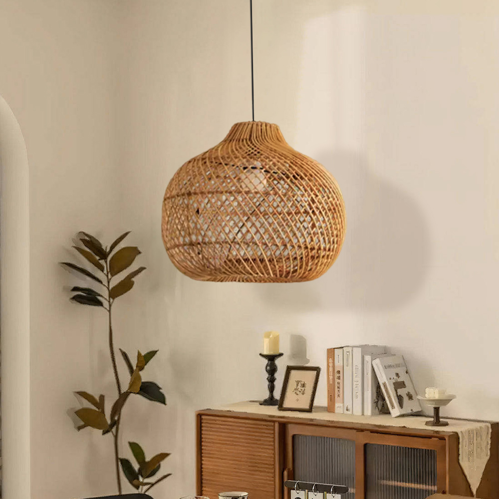 Light Brown Japanese Style Hand-wove Rattan Chandelier Lantern Shape Dining Room Pendant Light