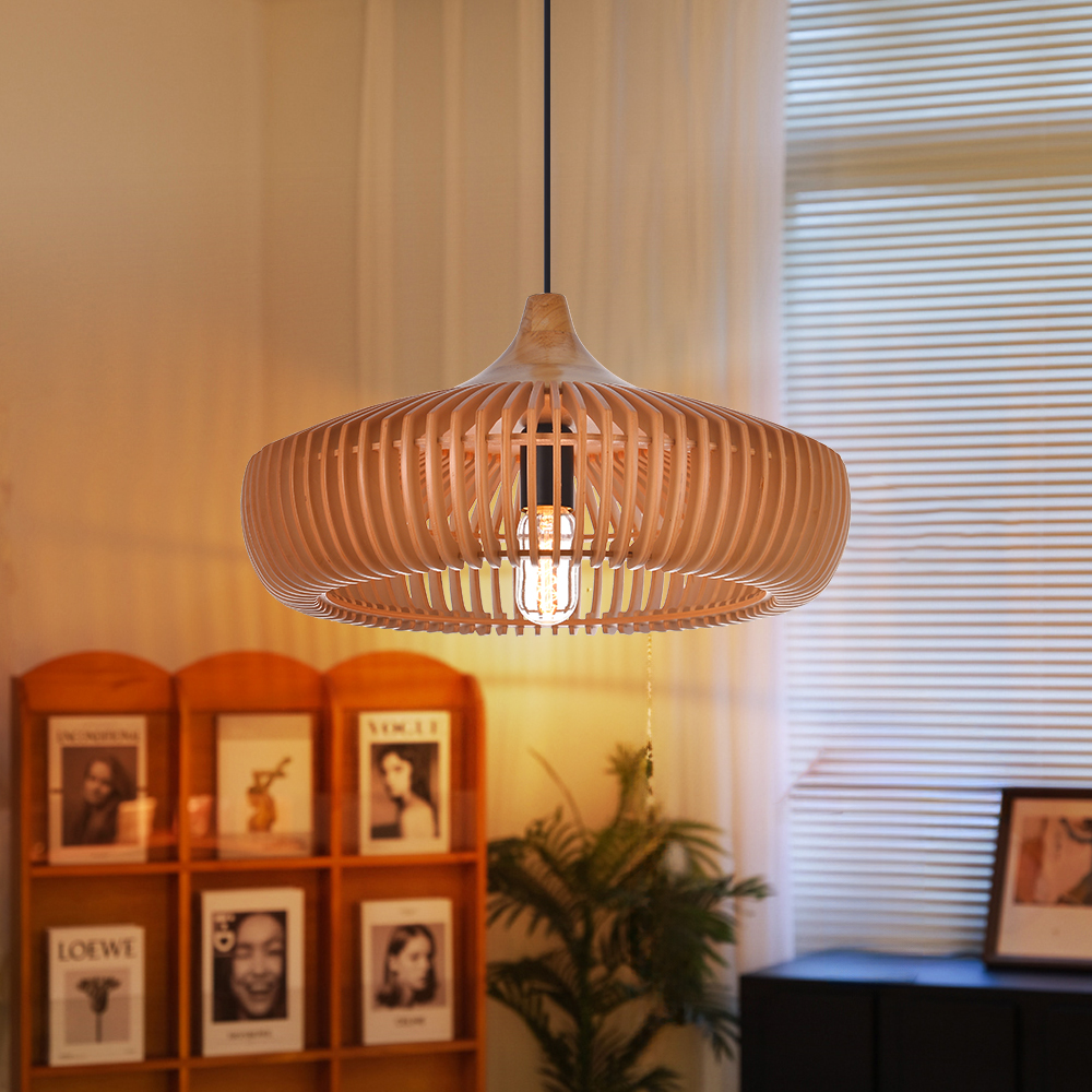 Natural Color Solid Wood Pendant Light UFO-Shaped Dining Room Chandelier