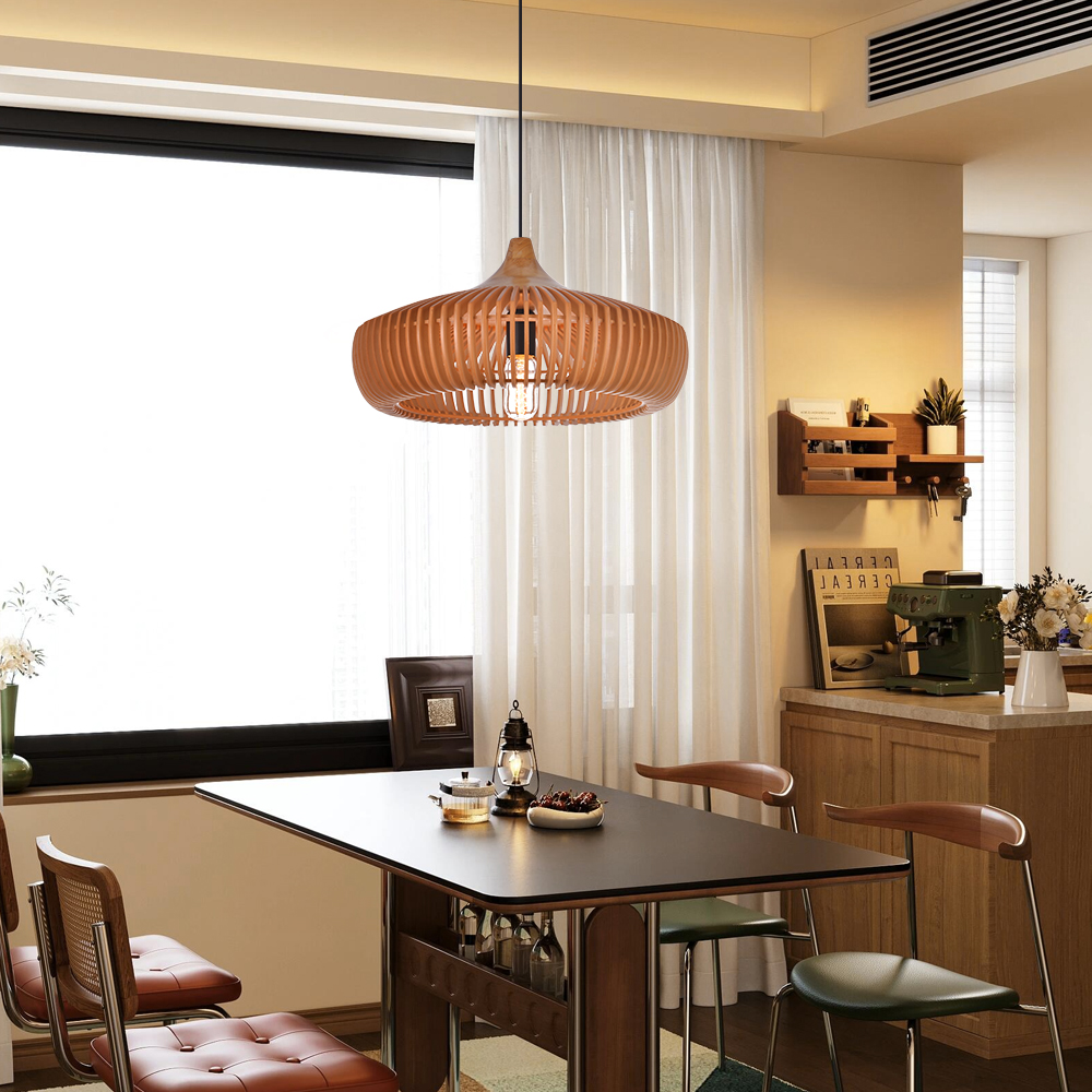 Natural Color Solid Wood Pendant Light UFO-Shaped Dining Room Chandelier