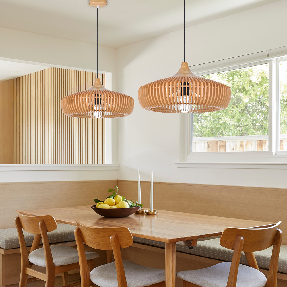 Natural Color Solid Wood Pendant Light UFO-Shaped Dining Room Chandelier