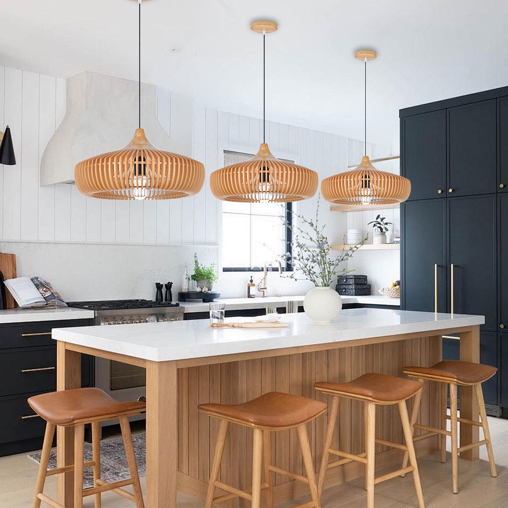 Natural Color Solid Wood Pendant Light UFO-Shaped Dining Room Chandelier
