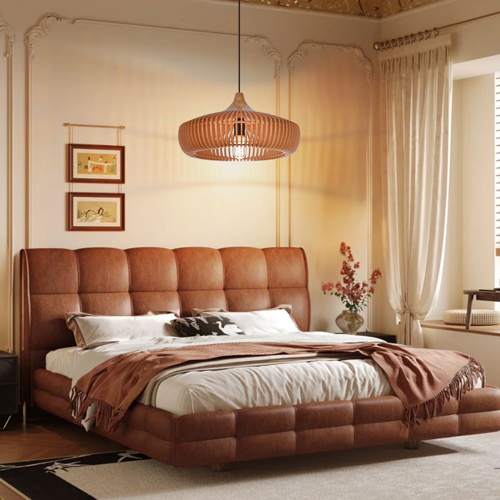 Natural Color Solid Wood Pendant Light UFO-Shaped Dining Room Chandelier