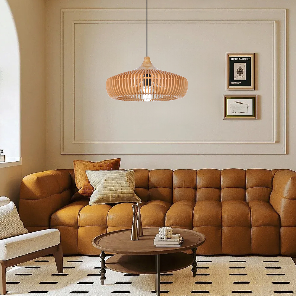 Natural Color Solid Wood Pendant Light UFO-Shaped Dining Room Chandelier