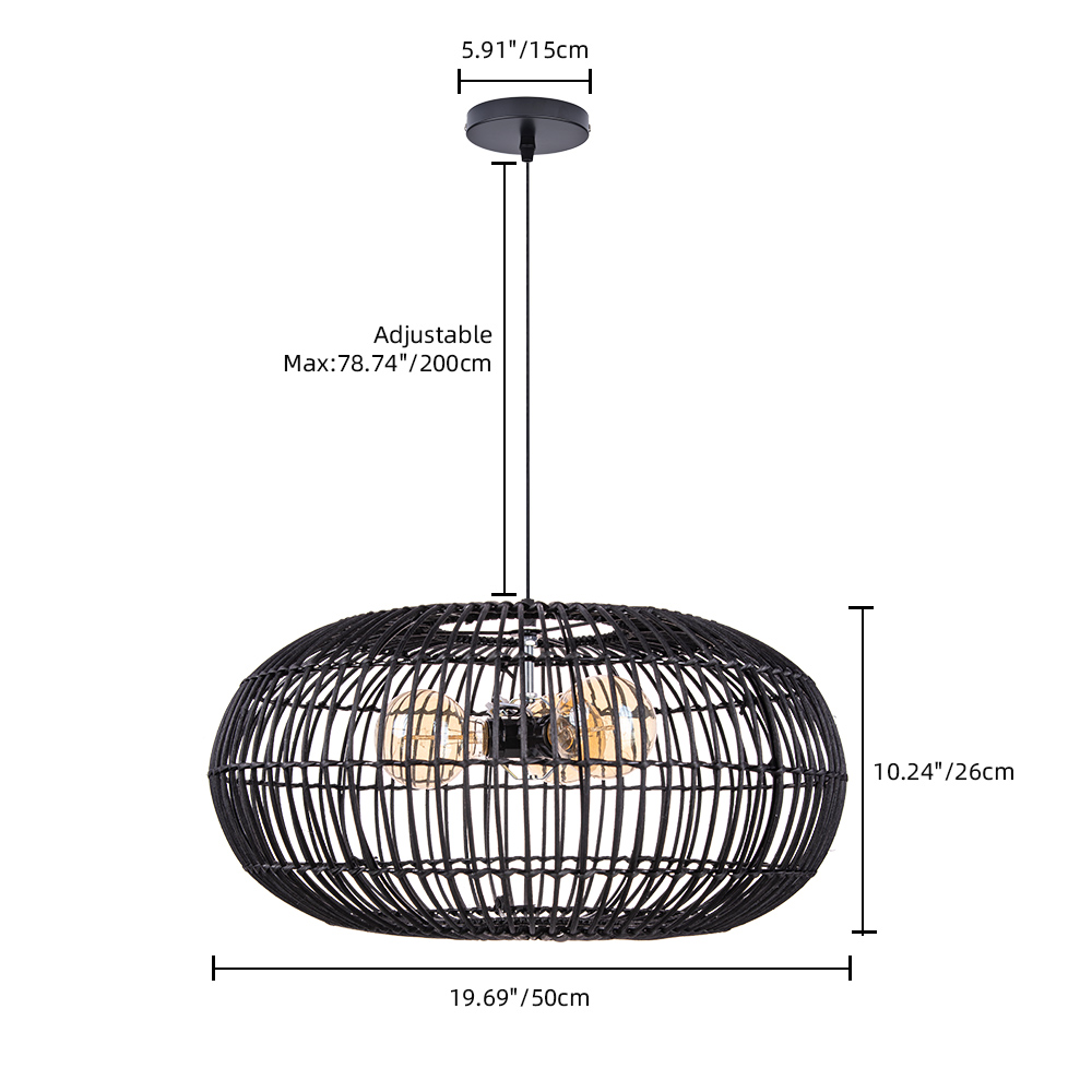 3-Light Country Style Black Rattan Dining Room Pendant Light