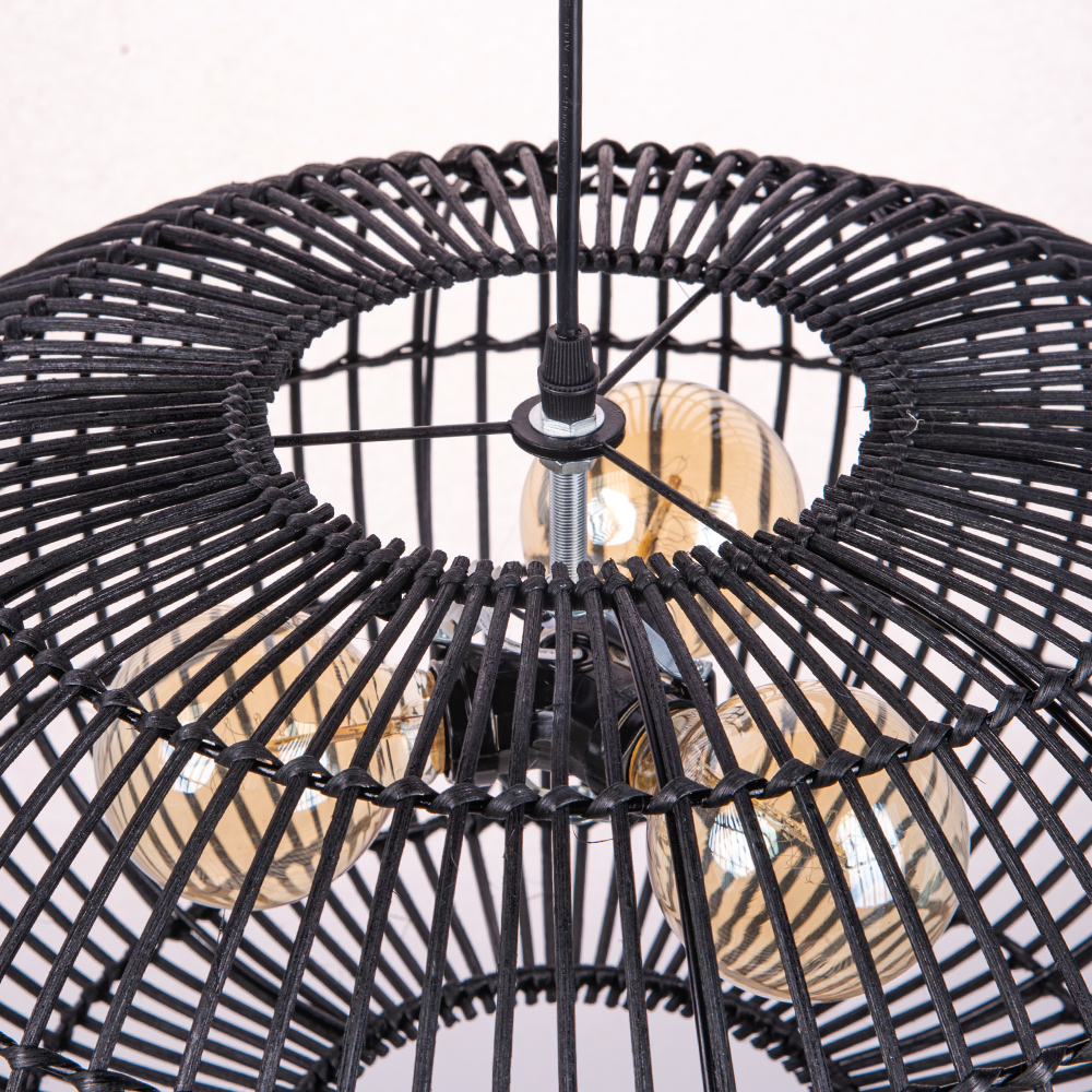 3-Light Country Style Black Rattan Dining Room Pendant Light