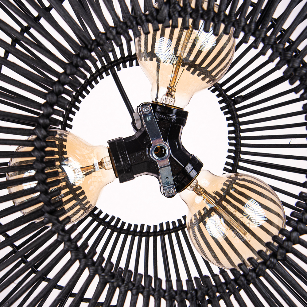 3-Light Country Style Black Rattan Dining Room Pendant Light