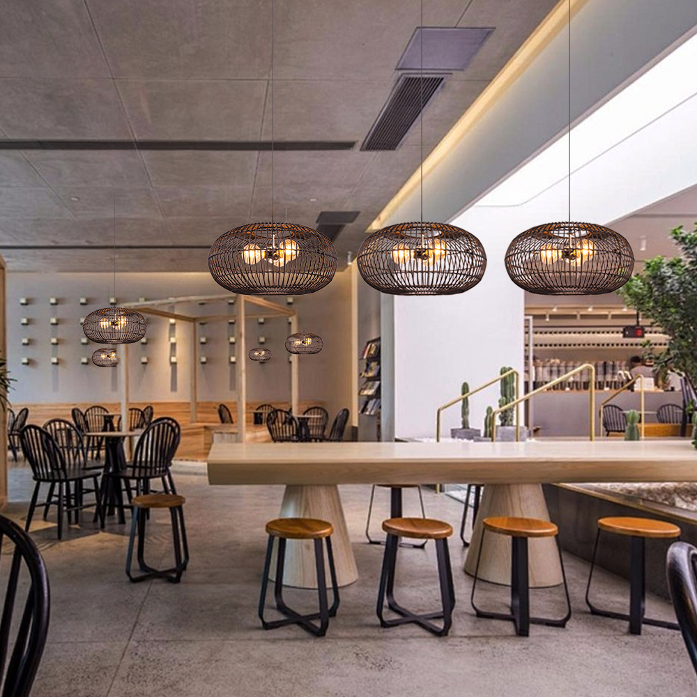 3-Light Country Style Black Rattan Dining Room Pendant Light