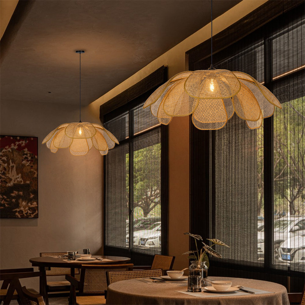 Japanese Style Natural Rattan Petal-shape Pendant Light Dining Room Chandelier