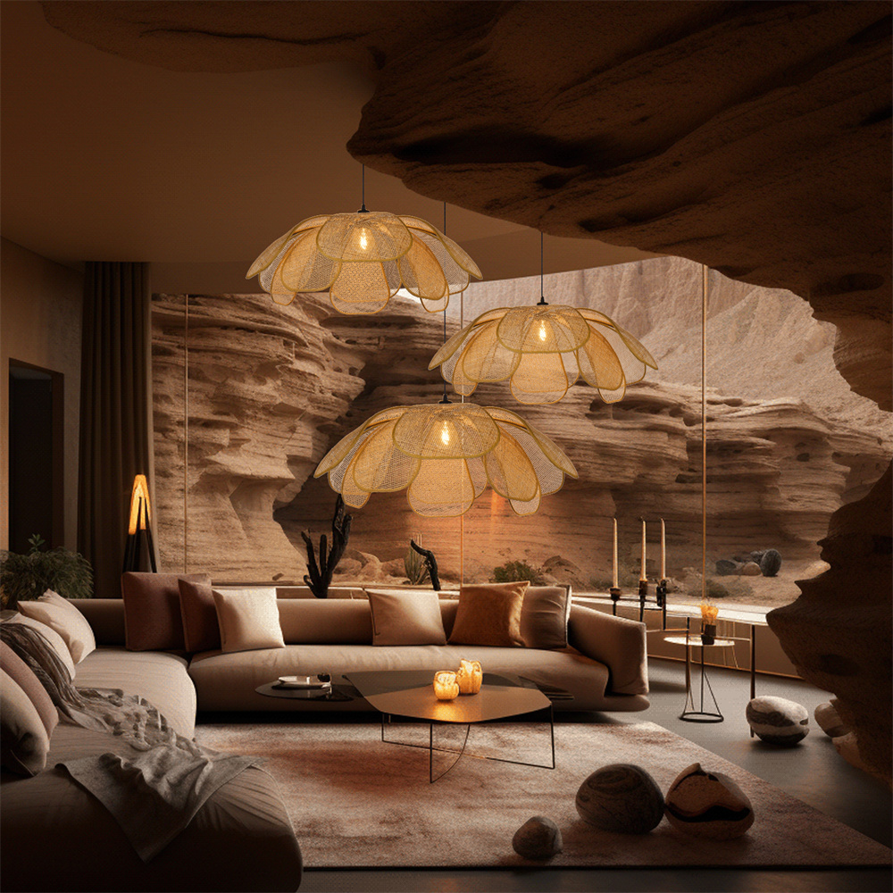 Japanese Style Natural Rattan Petal-shape Pendant Light Dining Room Chandelier