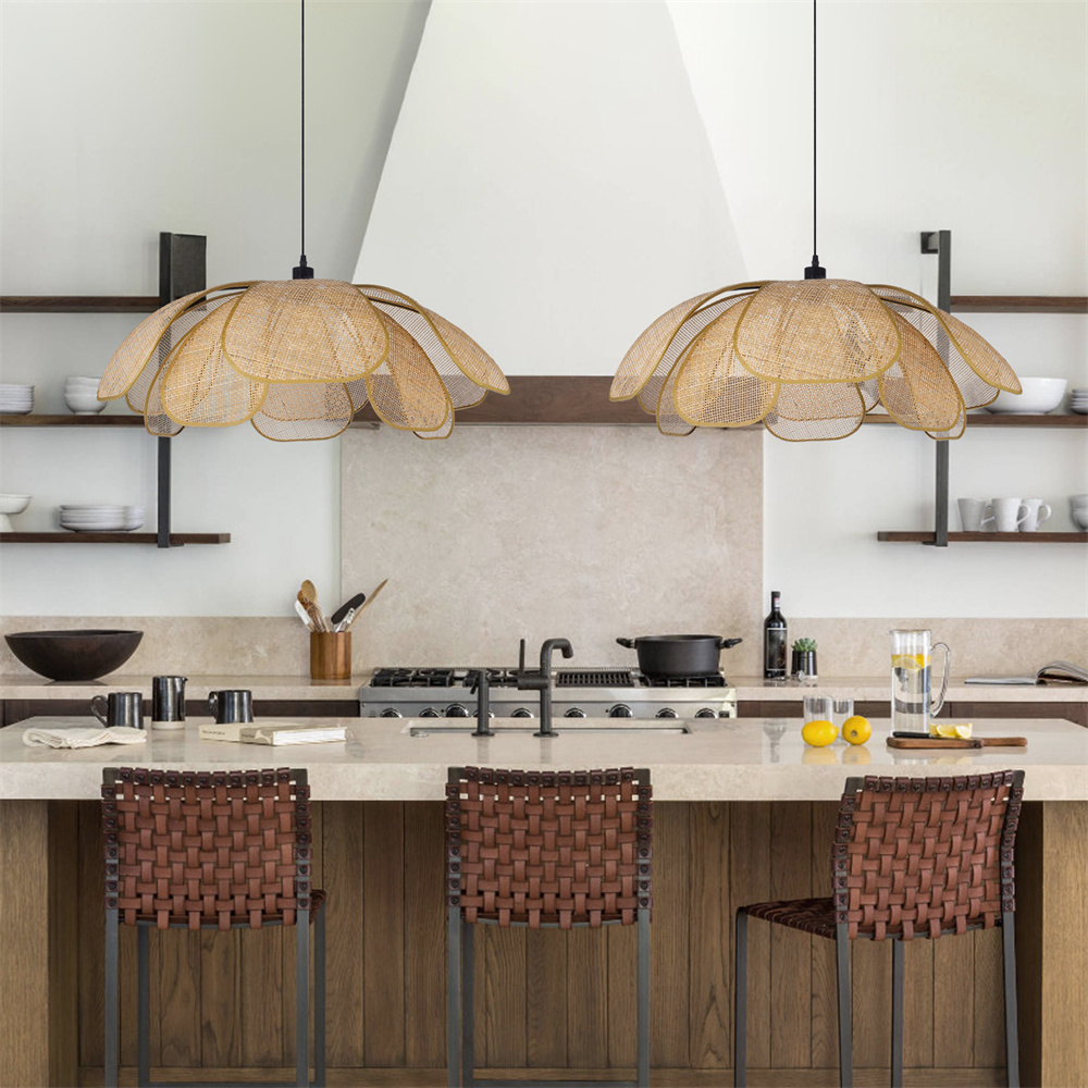 Japanese Style Natural Rattan Petal-shape Pendant Light Dining Room Chandelier