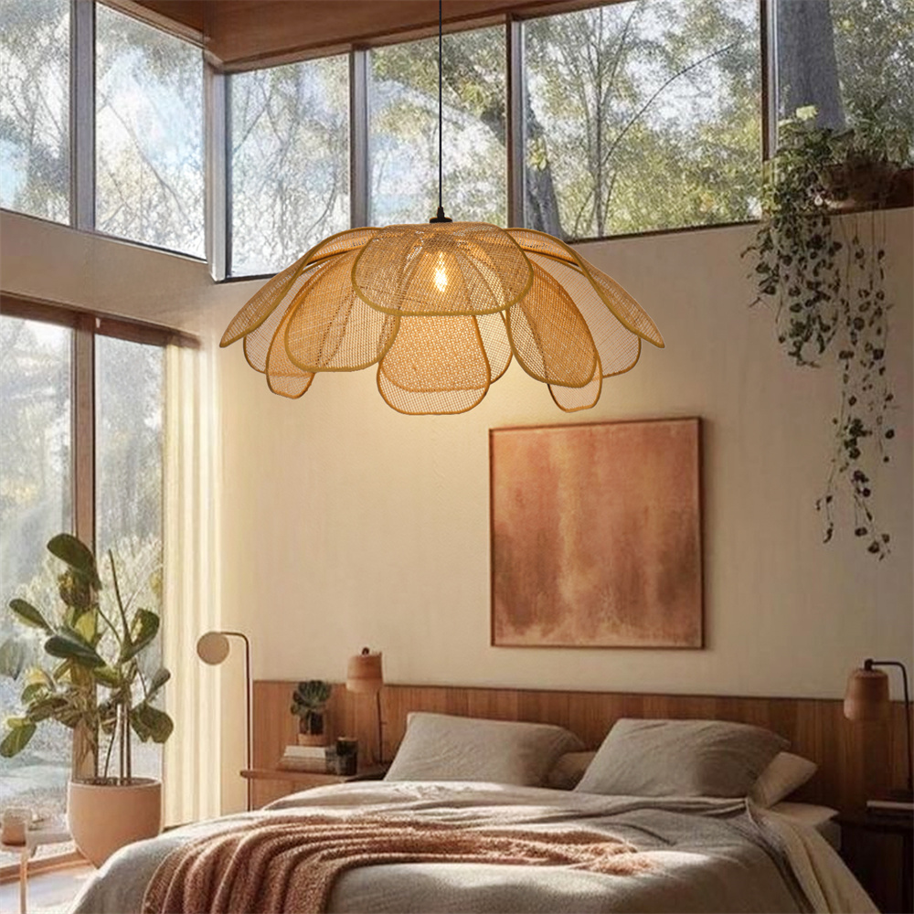 Japanese Style Natural Rattan Petal-shape Pendant Light Dining Room Chandelier