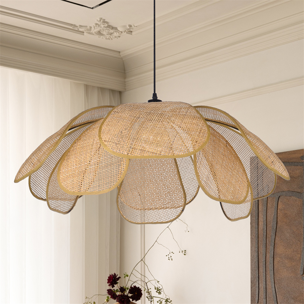 Japanese Style Natural Rattan Petal-shape Pendant Light Dining Room Chandelier