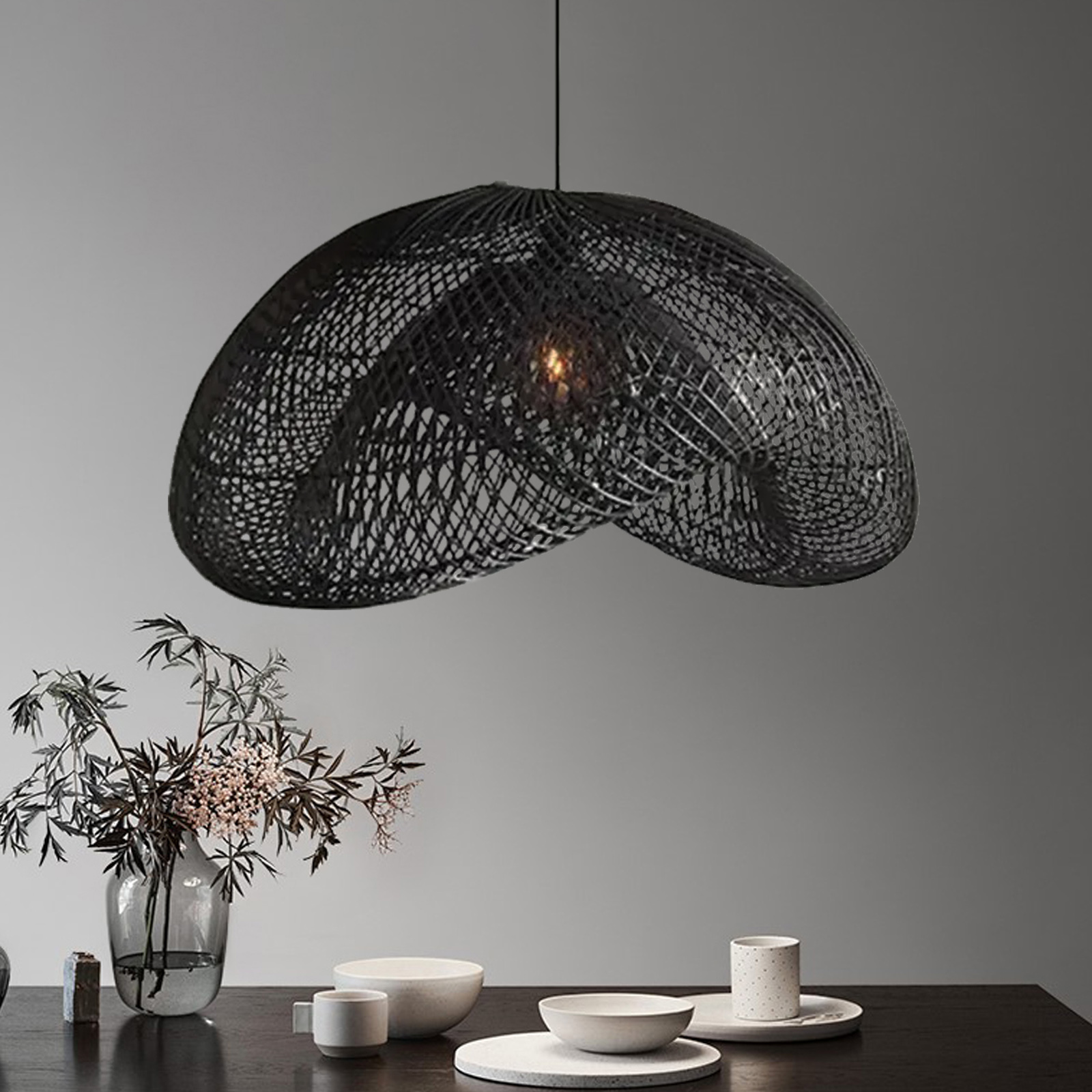 Black Rattan Hand-woven Dining Room Pendant Light Wabi-sabi Living Room Chandelier