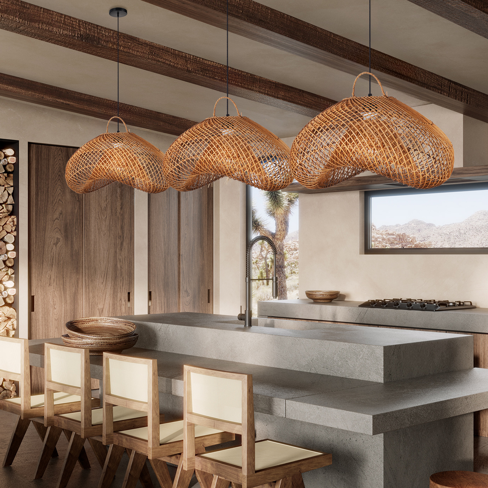 Black Rattan Hand-woven Dining Room Pendant Light Wabi-sabi Living Room Chandelier