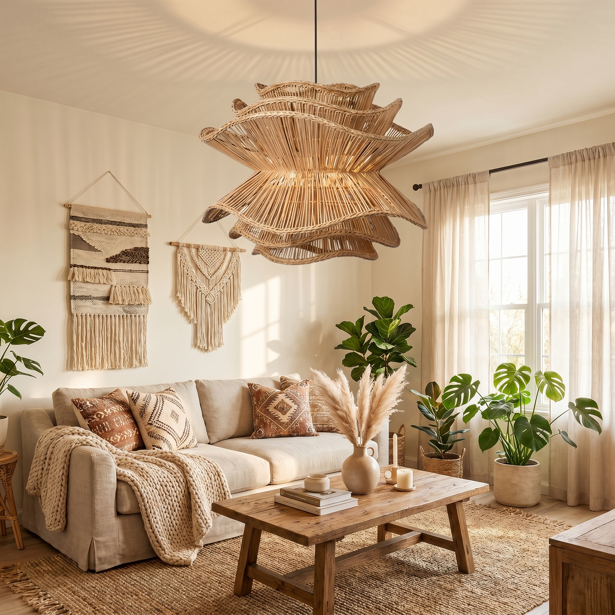 Handcrafted Wabi-Sabi Rattan Chandelier Natural Boho Lighting for Living Room, Dining Room & Bedroom