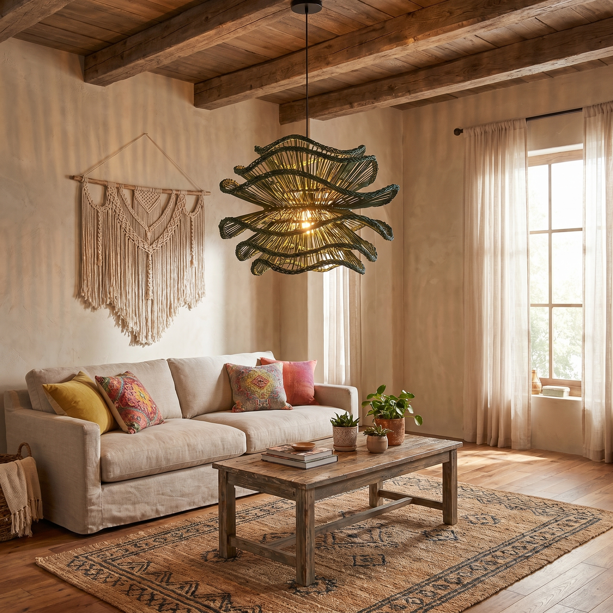 Handcrafted Wabi-Sabi Rattan Chandelier Natural Boho Lighting for Living Room, Dining Room & Bedroom