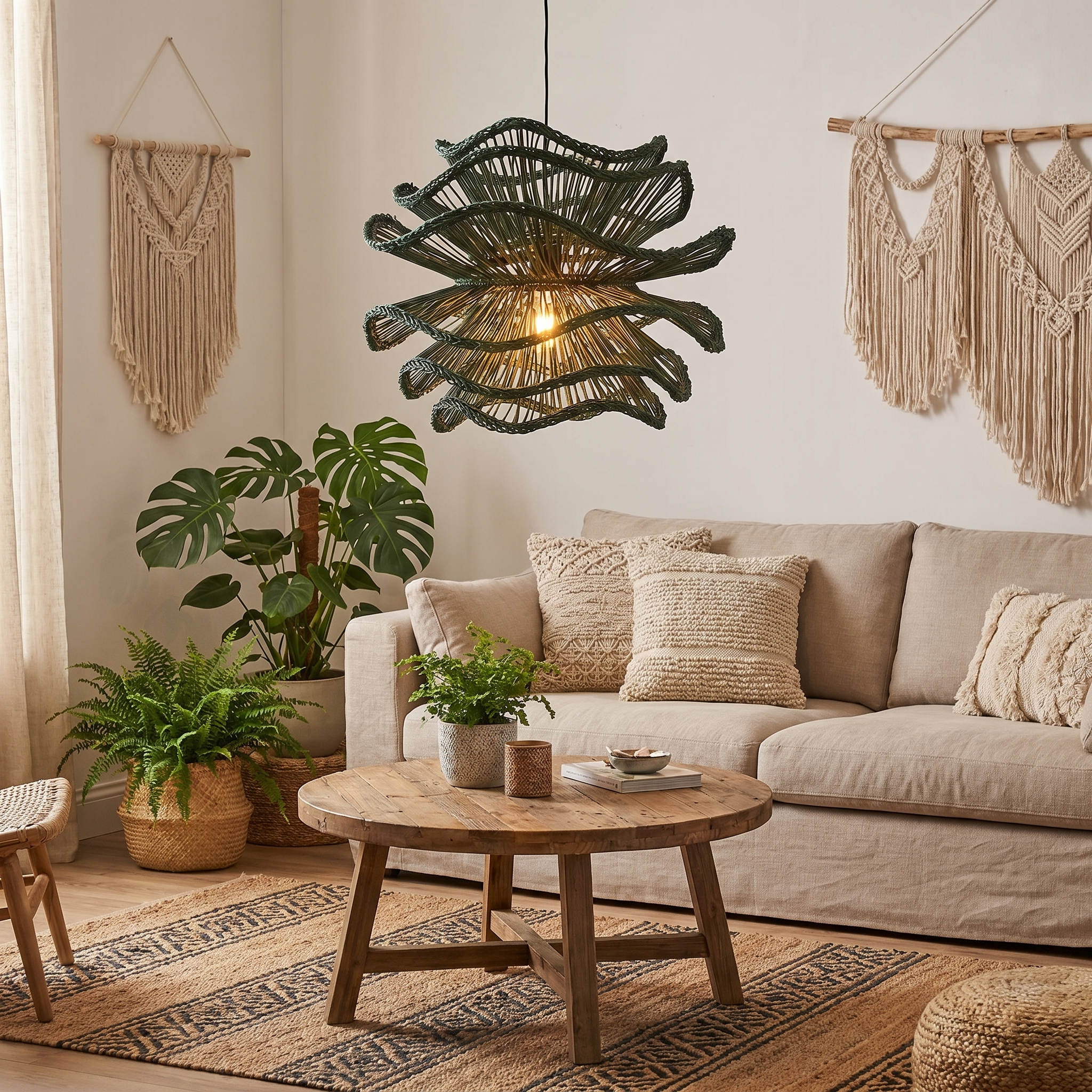 Handcrafted Wabi-Sabi Rattan Chandelier Natural Boho Lighting for Living Room, Dining Room & Bedroom