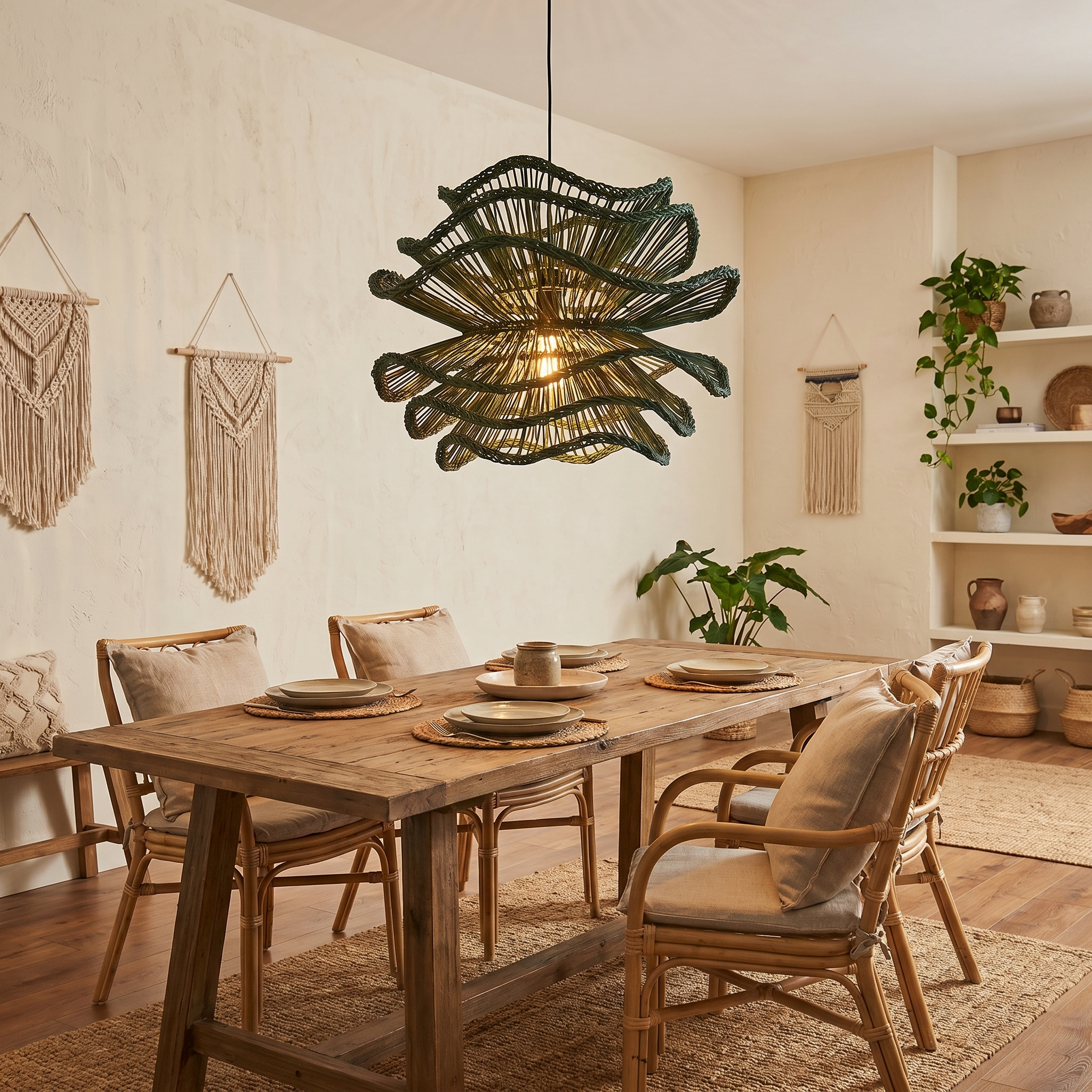 Handcrafted Wabi-Sabi Rattan Chandelier Natural Boho Lighting for Living Room, Dining Room & Bedroom