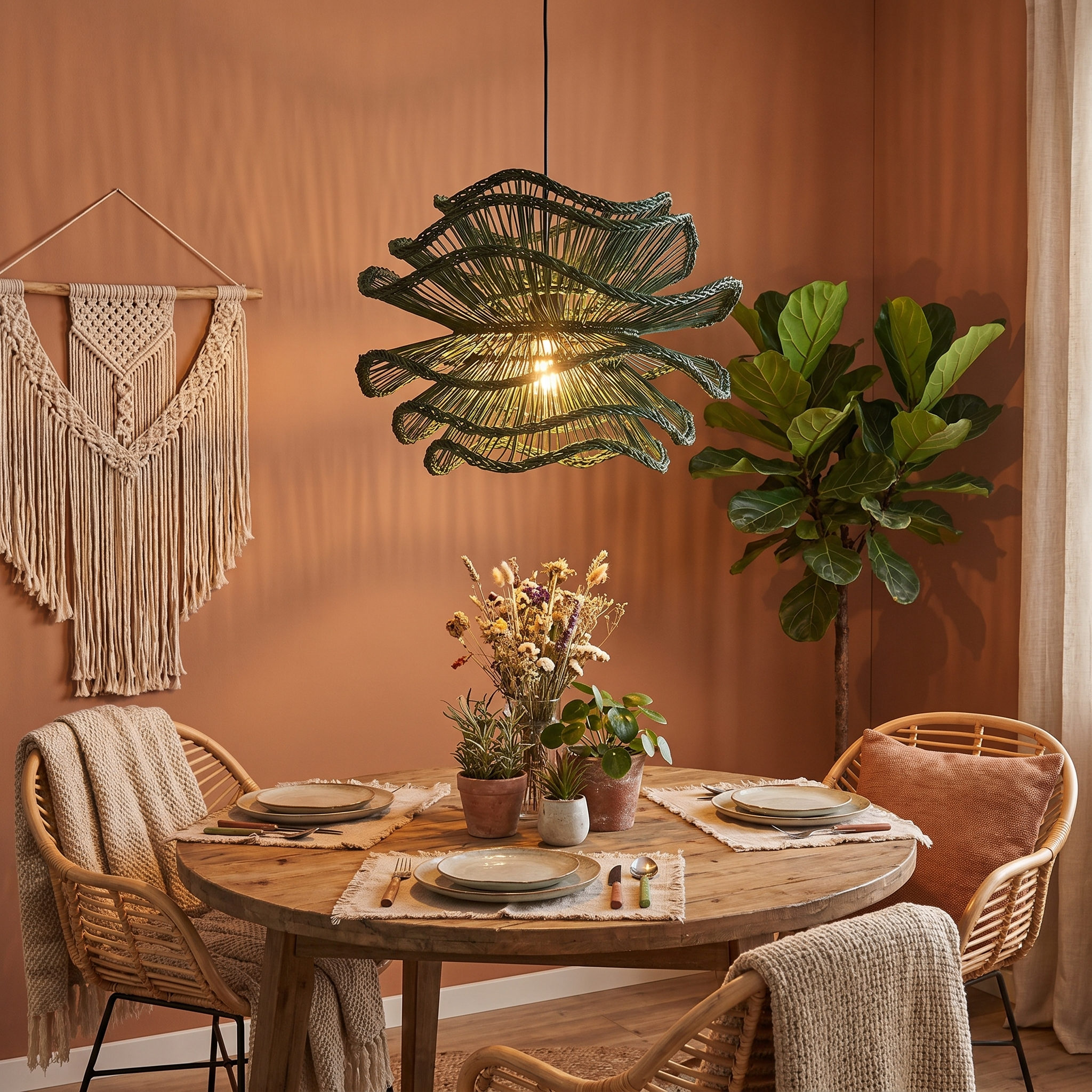 Handcrafted Wabi-Sabi Rattan Chandelier Natural Boho Lighting for Living Room, Dining Room & Bedroom