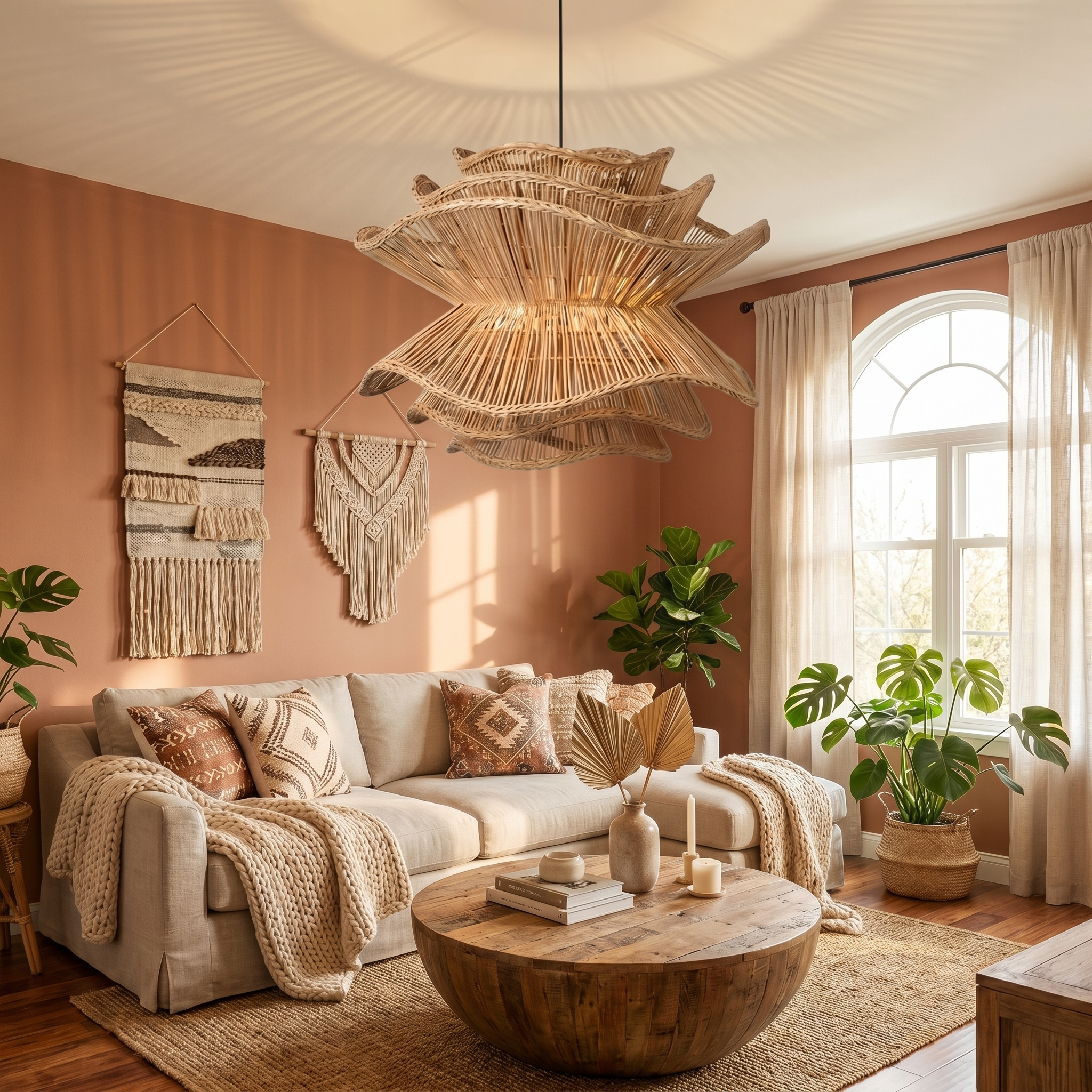 Handcrafted Wabi-Sabi Rattan Chandelier Natural Boho Lighting for Living Room, Dining Room & Bedroom