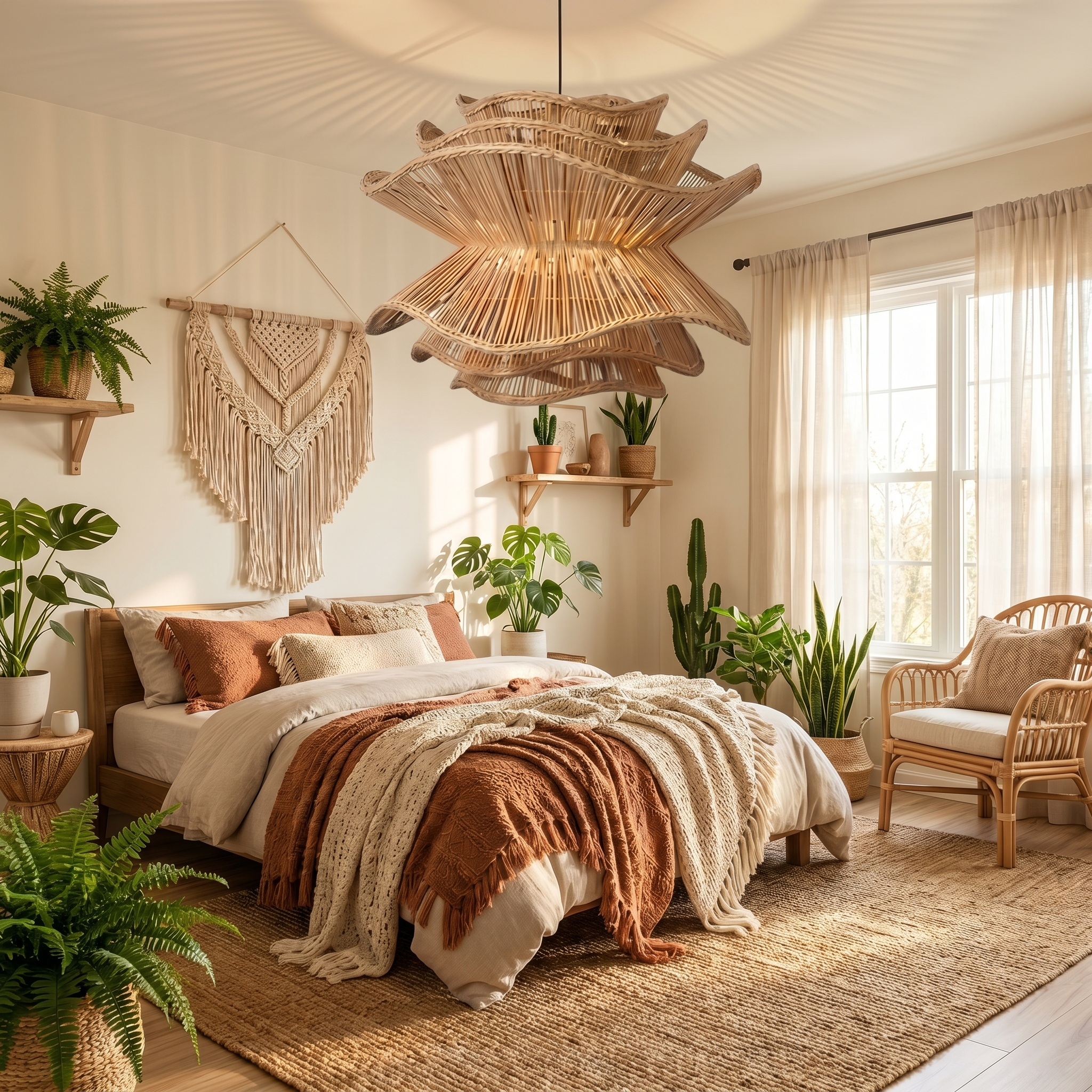 Handcrafted Wabi-Sabi Rattan Chandelier Natural Boho Lighting for Living Room, Dining Room & Bedroom