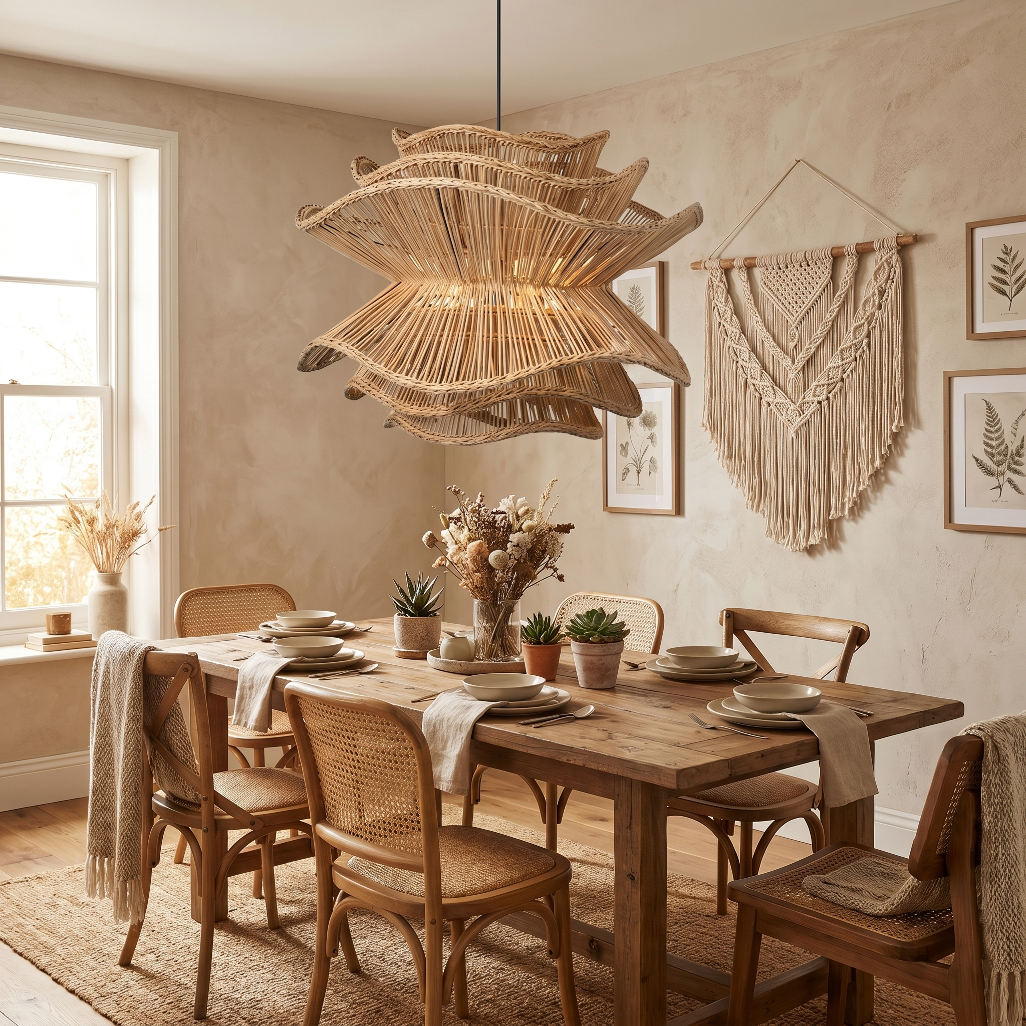 Handcrafted Wabi-Sabi Rattan Chandelier Natural Boho Lighting for Living Room, Dining Room & Bedroom